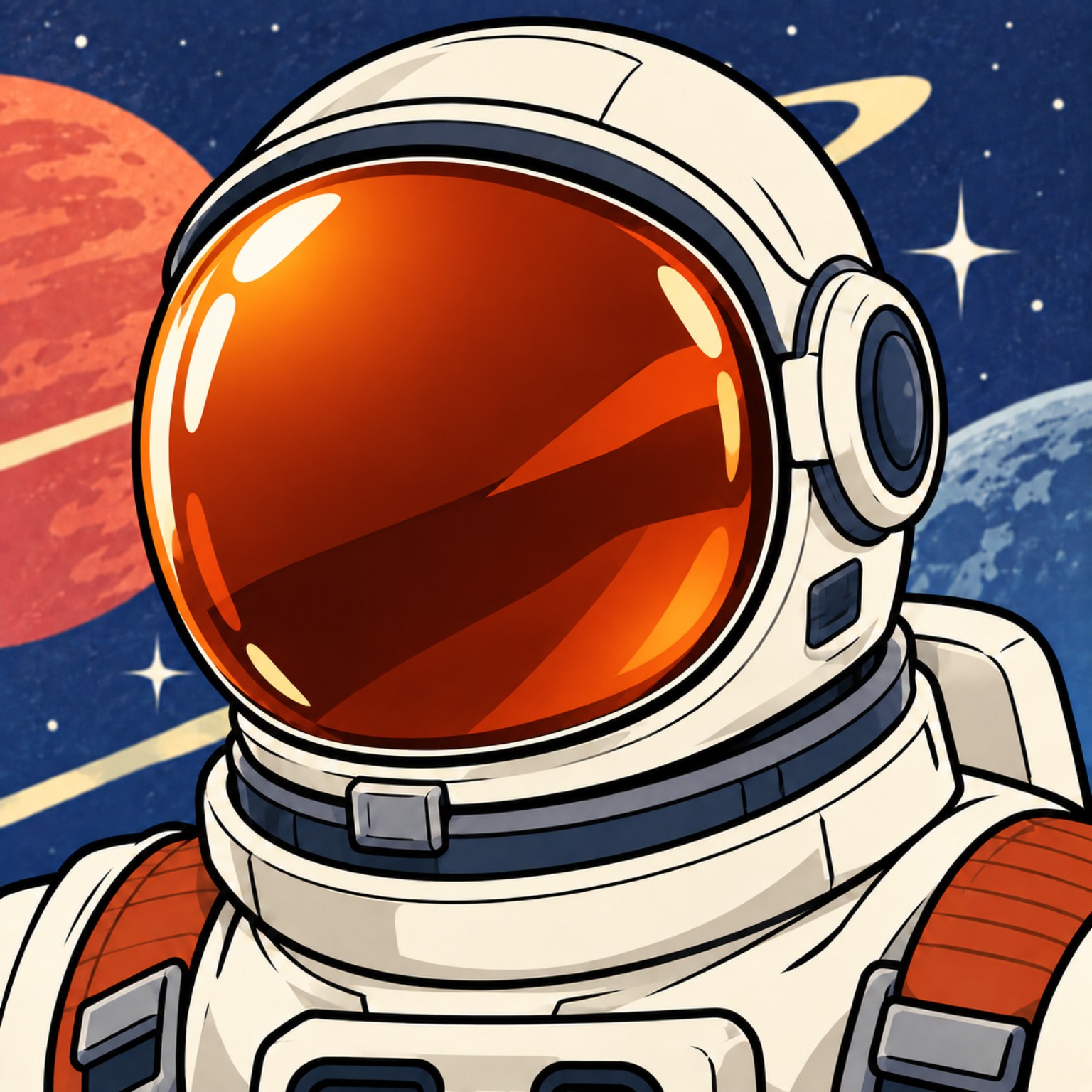 Nullvex, an astronaut with an orange mirrored visor against a retro space background
